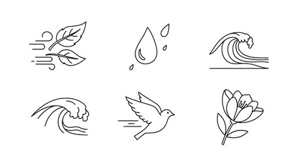 Fototapeta premium Elegant Line Art Icons Nature's Elements - Wind, Water, and Flowers