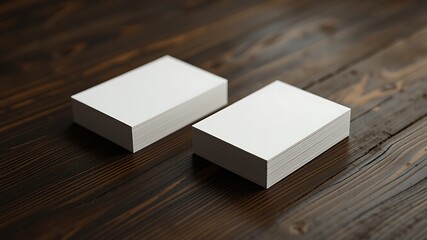 Two stacks of blank white business cards elegantly placed on a rustic dark wooden surface with soft lighting