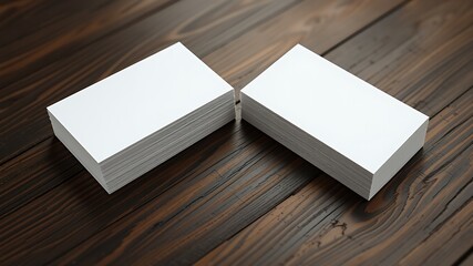 Two stacks of blank white business cards neatly arranged on a rustic dark wooden surface ready for customization