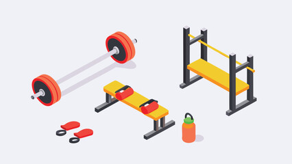 Isometric view of gym equipment including barbell bench press and water bottle on a white background
