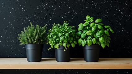 Three potted green herbs basil rosemary and another herb sit on a wooden shelf against a dark speckled background