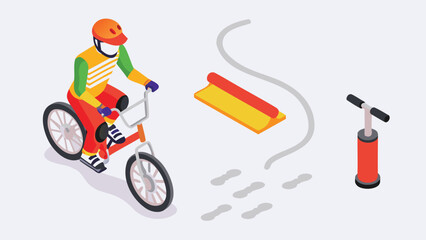 Isometric illustration of a cyclist with a pump and mat on a white background scene setup