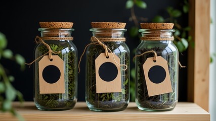 Three glass jars with cork stoppers and blank tags hold dried herbs and soil displayed on a wooden shelf