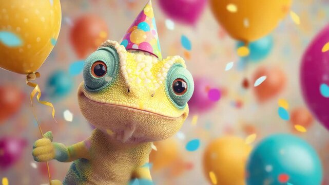 cute camelion with birthday balloon on colorful confetti background illustrated animation