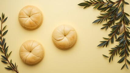 Three golden brown kaiser rolls with dark green eucalyptus branches arranged on a soft yellow background for a natural aesthetic