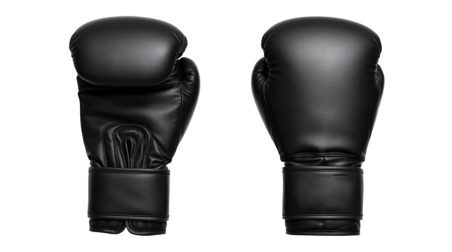 Black boxing gloves in front and back view, mockup isolated on transparent background