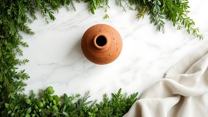 A rustic terracotta pot rests on a marble surface surrounded by fresh green foliage and a draped cream cloth