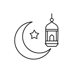 Minimalist line art illustration depicting ramadan symbols of crescent moon star and lantern