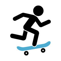 Minimalist vector illustration of a stick figure riding a skateboard, depicted in dynamic motion with a black silhouette and a light blue skateboard deck
