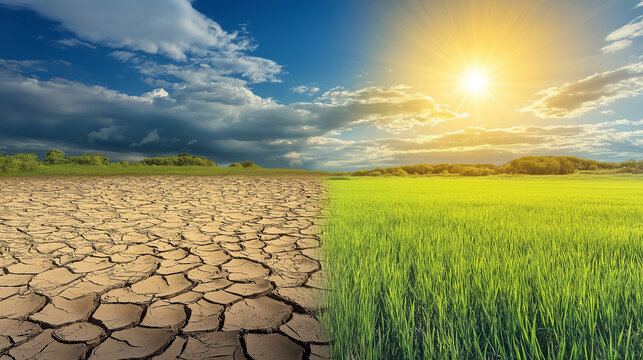 Dramatic climate change impact drought and fertile land transformation natural landscape daylight aerial view environmental awareness