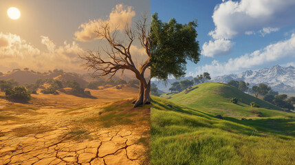 Transformative landscape change parched earth to lush hills nature's evolution outdoor panoramic environmental awareness