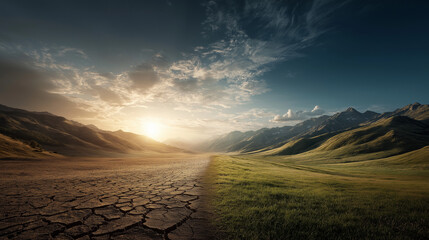 Sunrise over cracked earth mountain landscape nature photography dramatic sky wide angle environmental change