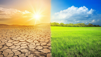 Dramatic climate change impact drought vs. Lush greenery nature's transformation environmental awareness outdoor scene