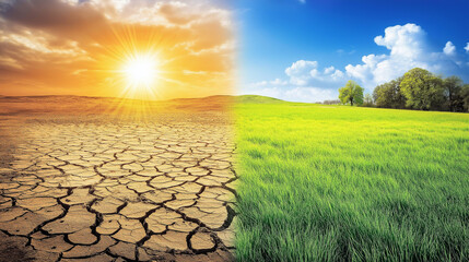 Dramatic climate change transition earth visual representation nature landscape dual environment concept