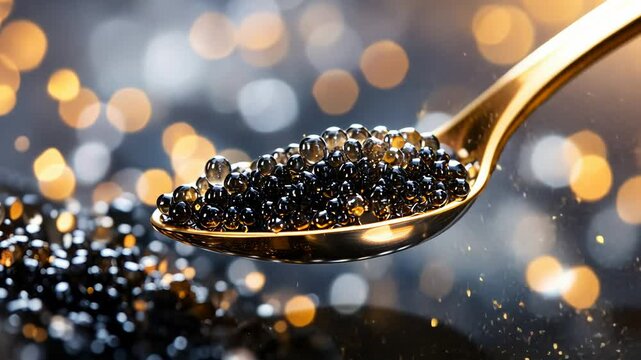 Elegant golden spoon with shiny black and silver caviar against a glittering bokeh background