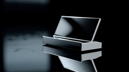 Sleek modern black and silver digital device with a reflective surface on a dark background