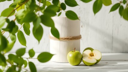 Fresh green apples and a white cylindrical object with twine accent surrounded by lush green leaves
