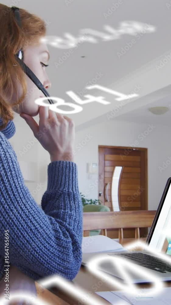 Aufkleber animation of numbers processing over women using laptop on video call in background