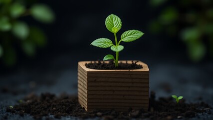 A tiny green seedling sprouts with new leaves in a small wooden square pot on dark soil