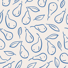 Hand-drawn pears and leaves. Blue lines fruits. Seamless vector pattern. Texture for bedding, textile, paper.