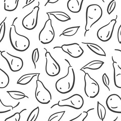 Hand-drawn pears and leaves. Simple fruits doodles. Seamless vector pattern. Texture for bedding, textile, paper.