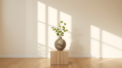 Minimalist interior scene featuring a simple grey vase with green foliage on a wooden cube pedestal against a cream wall with window light