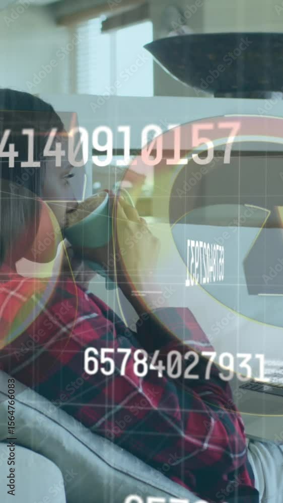 Aufkleber animation of numbers changing over woman using laptop on video call in background