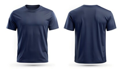 Navy blue blank t-shirt mockup. Front and back views of a simple, classic, dark blue crew neck t-shirt. The shirt is displayed isolated on a white background, 