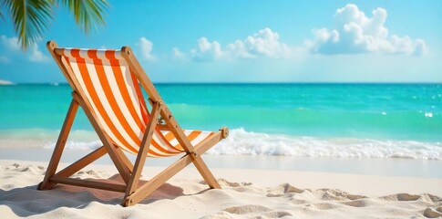 Tranquil Seaside Escape Striped Deck Chair on Sunny Beach Inviting Relaxation and Summer Bliss. Perfect for travel, vacation, and holiday themes.
