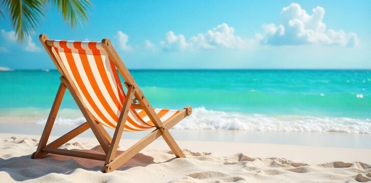Tranquil Seaside Escape Striped Deck Chair on Sunny Beach Inviting Relaxation and Summer Bliss. Perfect for travel, vacation, and holiday themes.