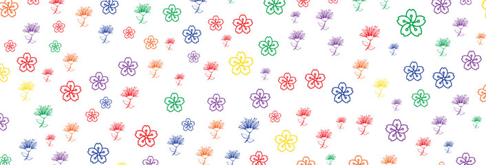 A vibrant pattern showcases outlined floral designs in red, green, blue, yellow, orange, and purple, set against a crisp white backdrop, creating a light and whimsical floral arrangement.