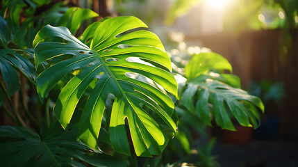 Obraz premium Lush Monstera leaves in soft sunlight, tropical greenery thriving in nature's embrace