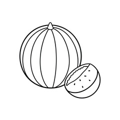 Simple black and white illustration of a whole watermelon and a sliced piece