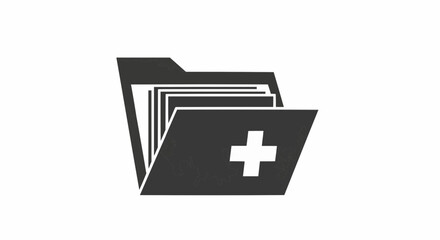 A medical folder icon with a plus sign indicating health records and patient information management system