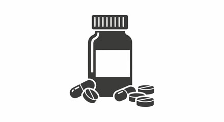 Illustration of a medicine bottle with a blank label and several pills scattered around the bottle image