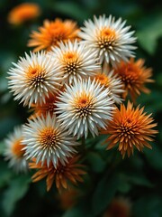Close up of a cluster of orange and white flowers with spiky petals in a garden setting outdoors