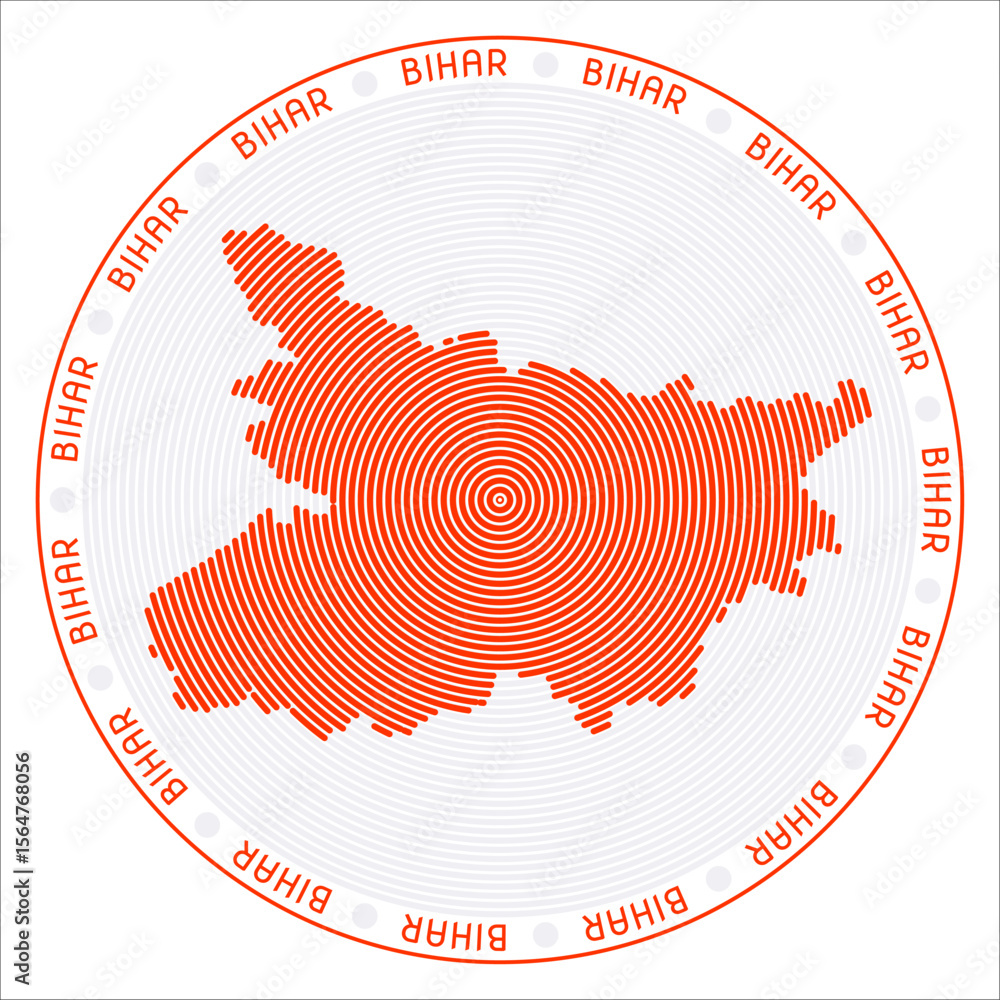 Poster bihar round logo design. state shape build of rings. bihar text around the state. vector illustratio