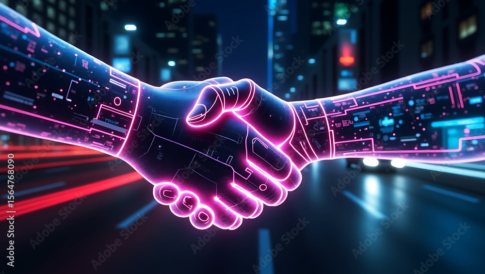 Poster futuristic handshake between two glowing neon robot hands with circuit patterns against a blurred ci