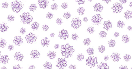 Delicate violet floral pattern on white background showcases scattered spring flowers with detailed line work creating a soft, graceful design perfect for backgrounds and textiles