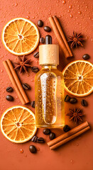 Aromatic essence bottle alongside dried orange slices, anise stars, cinnamon sticks and coffee...