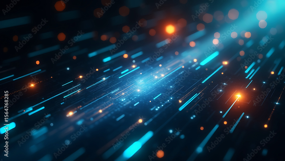 Poster abstract digital network with glowing blue and orange lines and bokeh lights on a dark background re