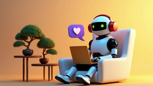 Friendly robot wearing headphones relaxes in a chair using a laptop with a heart notification floating nearby