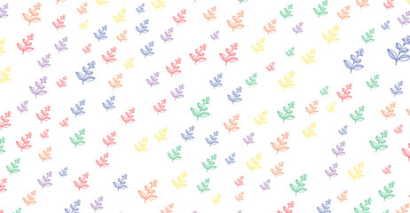 Vibrant array of stylized floral sprigs creates a joyful pattern on a white background, featuring a dynamic mix of yellow, red, purple, orange, blue, and green hues in a cheerful composition