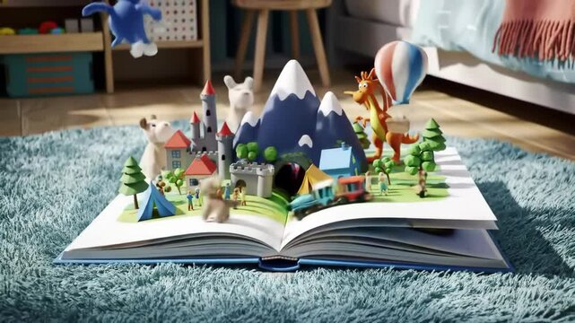Charming animated pop-up book springs to life on cozy carpet revealing colorful 3D storybook world with toys and landscapes