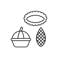 Simple line art elements including a pumpkin pie acorn and pumpkin for autumnal design