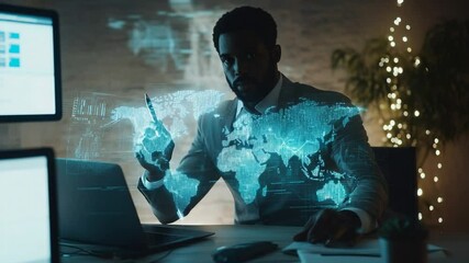 Focused black businessman analyzing global data on holographic screen at night - Powered by Adobe