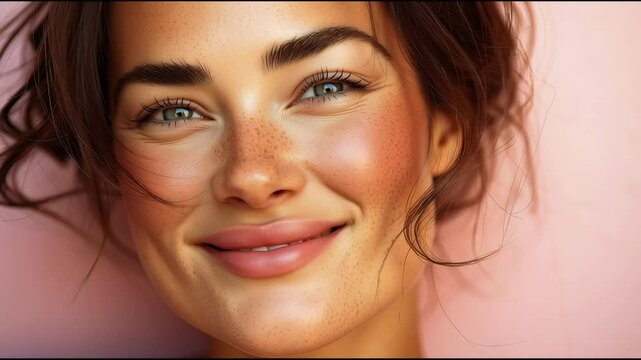 Beautiful female with radiant and healthy skin, wearing a light pink violet purpul background.