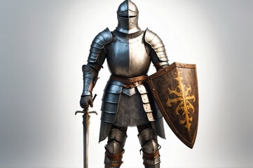 A full-length studio shot of a knight in shining armor, half silver, half grey, holding a sword and a shield with an ornate emblem.  The background is a simple, neutral grey