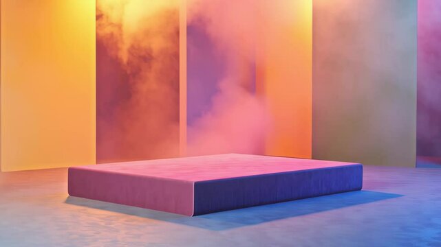 Elegant rectangular 3D stage with pan and rotate movement revealing studio smoke and geometric backdrop, a visually captivating setup perfect for standout product marketing visuals 