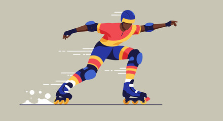 Fototapeta premium An illustrated image of a person roller skating with a dynamic pose, wearing protective gear and vibrant clothing, on a neutral-toned background, conveying motion.